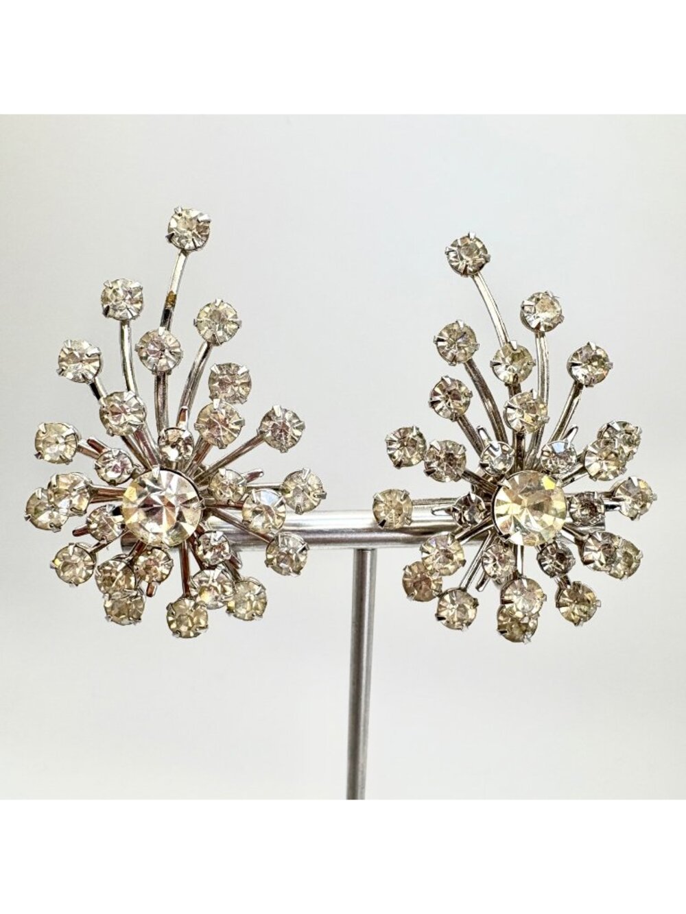 White Crystal Bezel Set Silver Tone Earrings Size 2" Length
